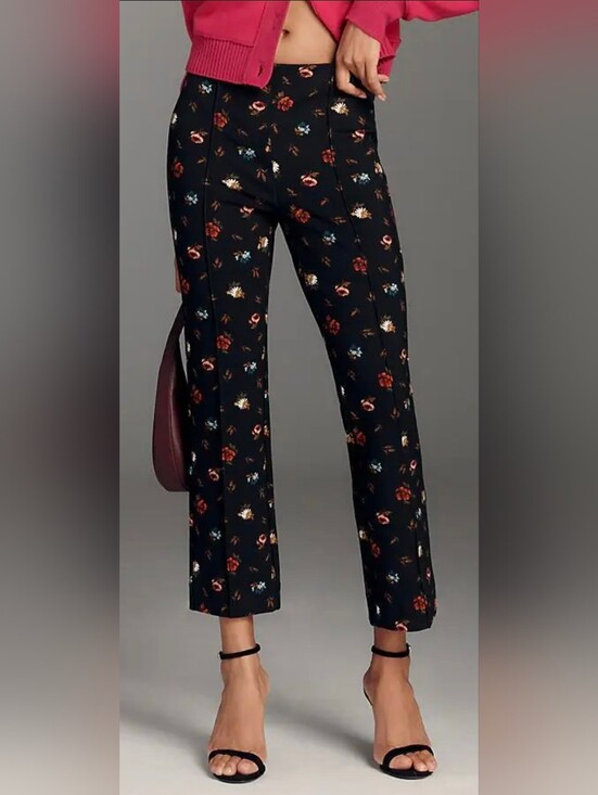Anthropologie Pants - Anthropologie Black Floral Cropped Kick Flare Pull On Pants